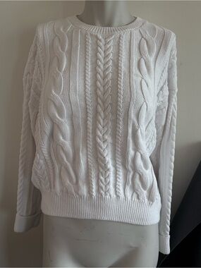 Nicole Miller White Cable Crew Neck Sweater